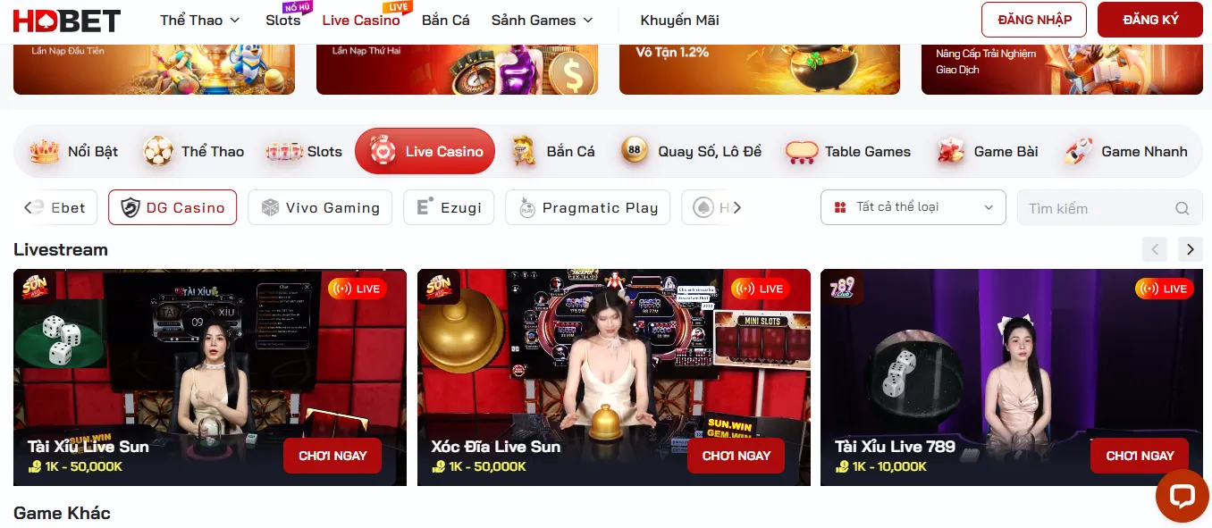 Vào mục Live Casino >> chọn DG Casino